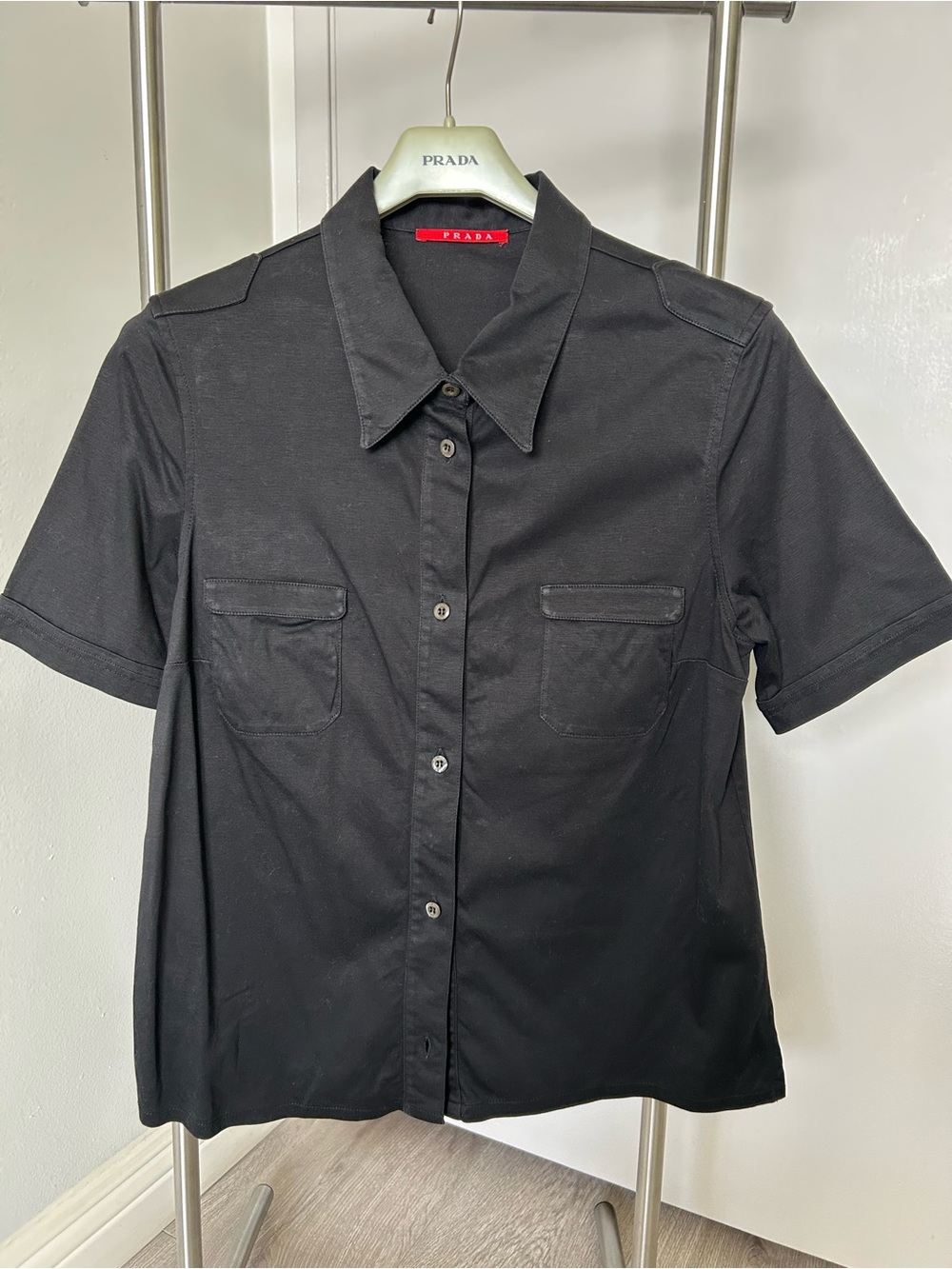Vintage Prada Red Label Lady Black Short-Sleeve Button-Up Shirt
